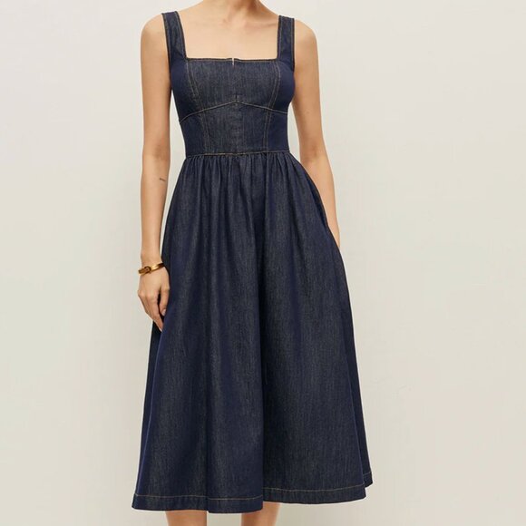 Hook-Front Full Skirt Dark Denim Dress EUC - Picture 1 of 5
